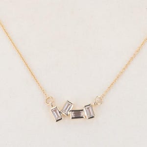 0.80CT Baguette Cut Diamond Necklace – 4 Stone Lab Grown or Moissanite Option, 14K Solid Gold, Minimalist Bar Necklace, Layering Jewellery.