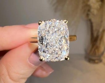 5CT Elongated Cushion Cut Cathedral Set Ring – Lab Grown Diamond or Moissanite – 14K Yellow Gold – IGI Certified Solitaire Engagement Ring.