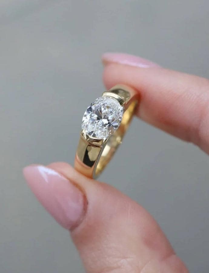 2.50CT Oval Cut Lab Diamond Solitaire Engagement Ring – IGI Certified, East West Horizontal Set, 14K Yellow Gold, F Color, VS1 Clarity.
