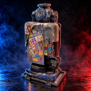 May include: A weathered, metallic vending machine featuring a central display panel with the text Der Wunderfizz, colourful beverage can illustrations, a keypad with six coloured buttons, and a circular top emblem with a question mark.