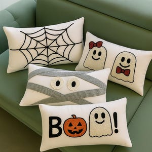 Halloween Punch Needle Pillow Covers – Spider Web, Ghost, Mummy & Pumpkin | Handmade Cozy Fall Décor | Spooky Sofa Accent