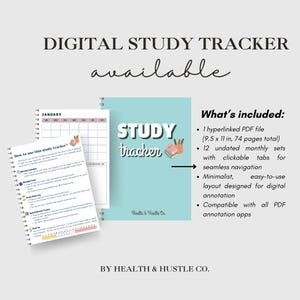 May include: Digital study tracker available. The image shows a light blue study tracker with the words "STUDY tracker" and a calendar. The tracker includes a hyperlinked PDF file (24.1 x 27.9 cm, 74 pages total) and 12 undated monthly sets.