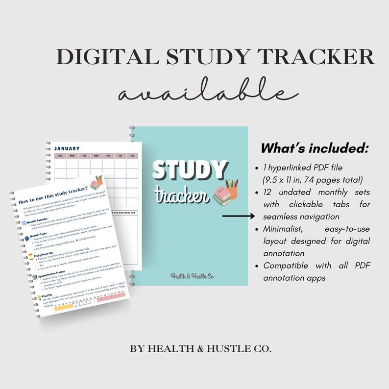 May include: Digital study tracker available. The image shows a light blue study tracker with the words "STUDY tracker" and a calendar. The tracker includes a hyperlinked PDF file (24.1 x 27.9 cm, 74 pages total) and 12 undated monthly sets.