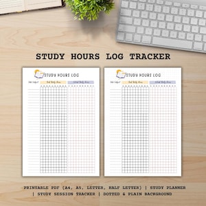 May include: Two white printable study hour log sheets with the text "STUDY HOURS LOG" at the top. The sheets have a grid for tracking study time, with the text "Date/Subject", "Total Study Hours", and "Actual Study Hours". The bottom text reads "PRINTABLE PDF (A4, A5, LETTER, HALF LETTER) | STUDY PLANNER | STUDY SESSION TRACKER | DOTTED & PLAIN BACKGROUND".