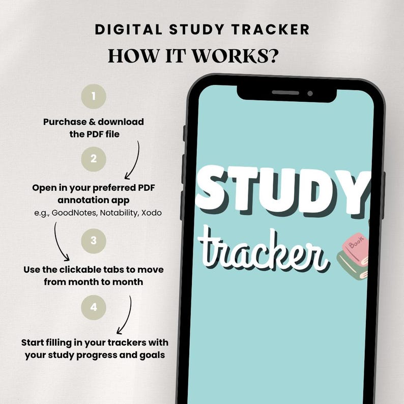 May include: A smartphone screen displaying a digital study tracker. The screen shows the words "STUDY tracker" in white and a small book icon. Instructions on how to use the tracker are also displayed.