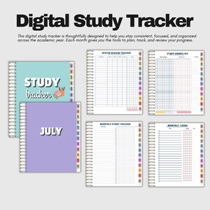 May include: Digital study tracker with a light blue cover that says "Study Tracker" and a purple cover that says "July". The tracker includes pages for spaced review, study hours, monthly study, and monthly tasks. The pages have colourful tabs.
