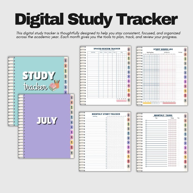 May include: Digital study tracker with a light blue cover that says "Study Tracker" and a purple cover that says "July". The tracker includes pages for spaced review, study hours, monthly study, and monthly tasks. The pages have colourful tabs.