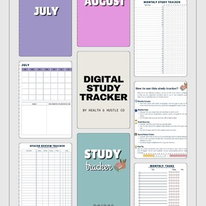 May include: A digital study tracker with pages for monthly planning, task management, and review. The design includes the words "JULY" and "AUGUST" on purple and pink backgrounds, and the text "DIGITAL STUDY TRACKER" and "STUDY tracker".