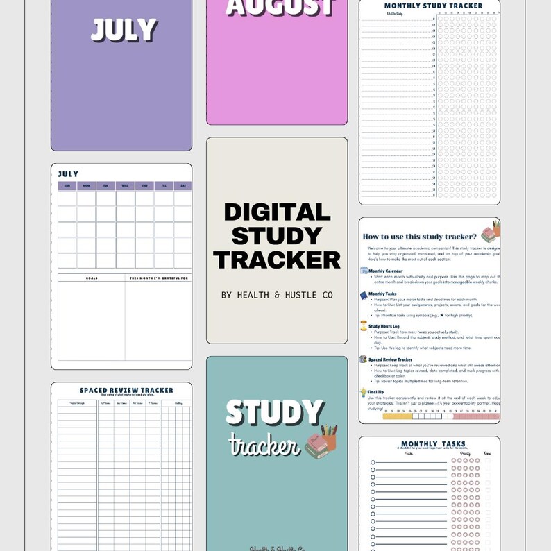 May include: A digital study tracker with pages for monthly planning, task management, and review. The design includes the words "JULY" and "AUGUST" on purple and pink backgrounds, and the text "DIGITAL STUDY TRACKER" and "STUDY tracker".