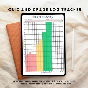 May include: A digital quiz and grade log tracker on a tablet. The screen shows a graph with pink, yellow, and green bars. A white stylus and an orange notebook are next to the tablet. Text on the screen reads "QUIZ & GRADES LOG".