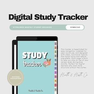Könnte beinhalten: Digitaler Study Tracker auf einem Tablet-Bildschirm. Der Bildschirm zeigt "STUDY tracker" in einer verspielten Schriftart auf hellblauem Hintergrund. Über dem Tablet steht der Text "HYPERLINKED MONTHLY STUDENT ORGANIZER". Ein Button zeigt "DOWNLOAD".