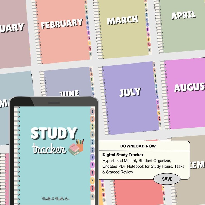 May include: A digital study tracker on a tablet, with the word "STUDY tracker" in white script. The image shows a series of colourful monthly planners, each labelled with a month. A pop-up offers a digital study tracker download.