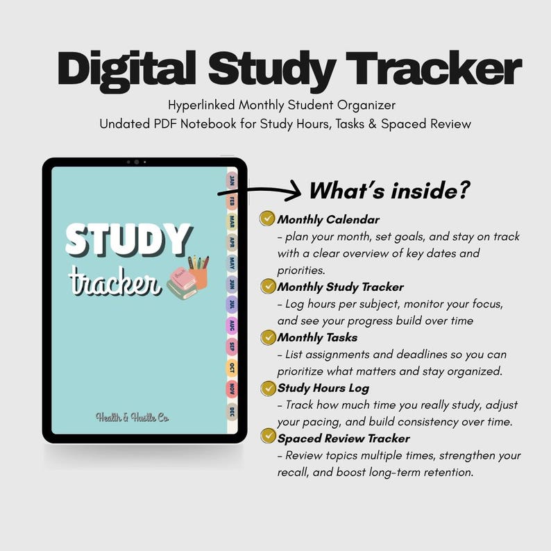 May include: A digital study tracker displayed on a tablet. The screen shows "STUDY tracker" in white script on a light blue background. The tablet is black with a colourful tab on the side. Text describes features like a monthly calendar and study hours log.