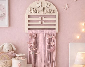 Haarspangenhalter mit Schmetterlinge personalisiert | Haarspangenaufbewahrung | Haarspangenorganizer |  Holz 3D-Druck Makramee-Garn