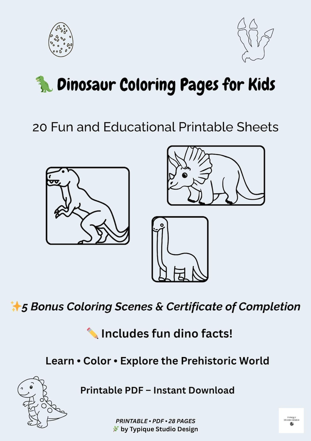 Dinosaur Coloring Book for Kids – 28 Printable Pages (PDF) - Etsy