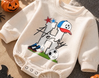 Personalized Soccer Baby Romper, Custom Name Football Bodysuit, Birthday Boy Sports Outfit, Soft Cotton Baby Gift