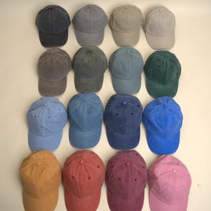 Op de afbeelding: Een verzameling van vijftien baseballpetten in verschillende kleuren, waaronder marineblauw, grijs, groen, blauw, oranje, rood en roze. De petten zijn gerangschikt in rijen en kolommen, met een scala aan tinten en stijlen. De petten zijn gemaakt van een zacht materiaal.