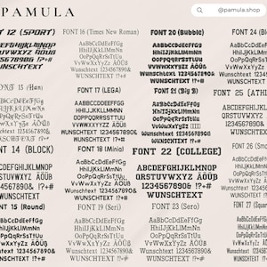 Op de afbeelding: Een weergave van verschillende lettertypestijlen, waaronder "Sport", "Times New Roman", "Bubble" en "Blob". Elk lettertype toont het alfabet, cijfers en speciale tekens. De tekst "WUNSCHTEXT" wordt ook weergegeven.