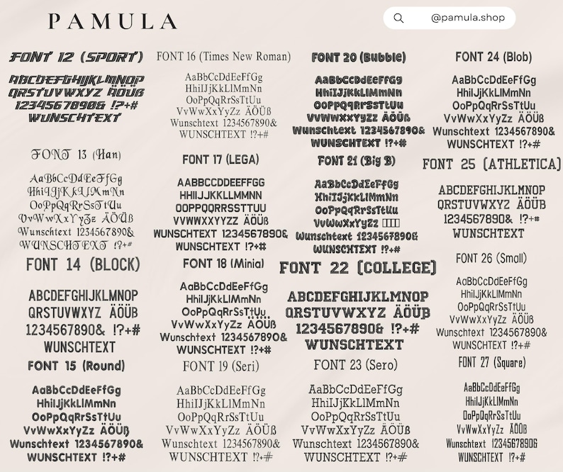 Op de afbeelding: Een weergave van verschillende lettertypestijlen, waaronder "Sport", "Times New Roman", "Bubble" en "Blob". Elk lettertype toont het alfabet, cijfers en speciale tekens. De tekst "WUNSCHTEXT" wordt ook weergegeven.