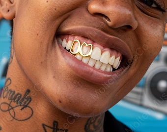 ホロウハートゴールドグリルズ – ダブルトゥースシャイニーヒップホップスタイルグリルセット、ユニセックスパーティジュエリー、ステートメントスマイルアクセサリー