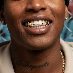May include: A close-up shot of a person smiling, revealing gold and diamond-set teeth grillz. The upper teeth grillz are encrusted with diamonds, and the lower ones are gold. A gold chain is visible, along with a neck tattoo.
