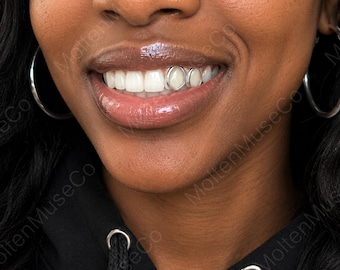 Open Face 14k Gold Plated or Silver Fang Grillz Single Tooth Cap Hollow Window Design Hip Hop Punk Tooth Jewelry Party & Cosplay Accessory