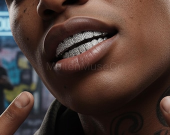 Full Iced Out 14K Gold Plated Zircon Vamp Fang Grillz Halloween Vampire Teeth Hip Hop Tooth Caps Party, Club, Cosplay Costume Accessories