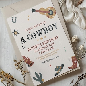 Sjabloon voor bewerkbare cowboyverjaardagsuitnodiging, uitnodiging voor feest van countrygitaar, wilde westen verjaardagsuitnodiging, eerste rodeo-uitnodiging