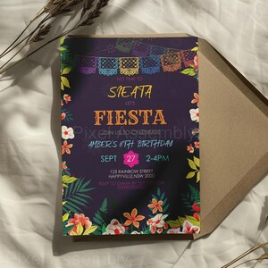 Editable Fiesta Birthday Party Invitation Template Mexican Birthday Invitation, Bright Colorful Florals, No time to Siesta Let&#39;s Fiesta Girl