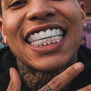 Zestaw grilli Iced Out Grillz z 8 zębami, pozłacanymi cyrkoniami i diamentami | Biżuteria na zęby hip-hopowego rapera | Akcesoria do kostiumów z grilla z pełnym kamieniem