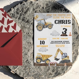Editable Digger construction birthday invitation, editable dump trucks party invite template, boy outdoor birthday excavator Crane Printable