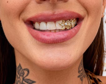Fleur creuse double dent Grillz plaqué or 18 carats cosplay embout buccal Hip Hop floral dents bijoux grilles fête discothèque Halloween mode