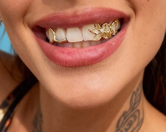 Flower Hollow Double Tooth Grillz 18K Gold Plated Cosplay Mouthpiece Hip Hop Floral Teeth Jewelry Grills Party Nightclub Halloween Fashion