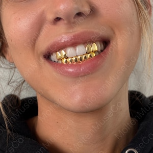 Ensemble de dents réfléchissantes Grillz glacées en or lisse 14K, embout buccal creux creux Hip Hop Slugz Grillz pour déguisement de discothèque hommes femmes
