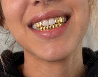 Juego de dientes reflectantes Iced Out Grillz, liso, dorado de 14 quilates, brillante, hueco, hip hop, boquilla Slugz Grillz para fiesta, discoteca, disfraz para hombres y mujeres