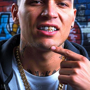 May include: Close-up of a person wearing diamond and gold grillz. The grillz are set in the upper teeth. A gold chain necklace is visible. The person is pointing at the grillz. The background is a graffiti wall.