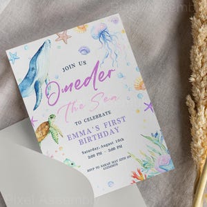 Invito per baby shower &quot;Sotto il mare&quot; per bambina, modello di invito con animali marini, invito per baby shower per bambino e bambina, invito &quot;Sotto il mare blu&quot;, invito con balena, tartaruga e oceano.