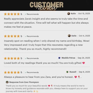 May include: A customer review page with text and star ratings. The title reads "CUSTOMER review" in a decorative font. Reviews include dates, names, and recommendations. The reviews are positive and express satisfaction with a service.