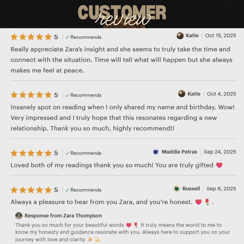 May include: A customer review page with text and star ratings. The title reads "CUSTOMER review" in a decorative font. Reviews include dates, names, and recommendations. The reviews are positive and express satisfaction with a service.