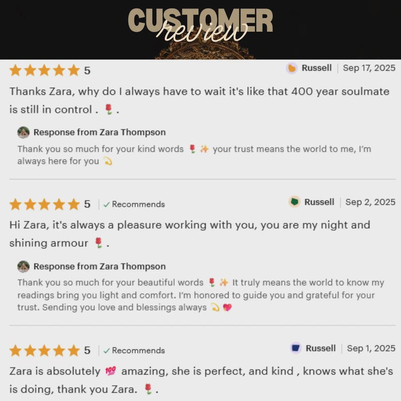 May include: A customer review image with text that includes the name "Zara" and the date "Sep 17, 2025". The reviews are positive, with a five-star rating and comments about Zara's work. The image has a dark background with the words "CUSTOMER review" at the top.