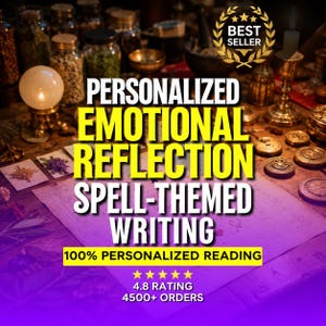 May include: A collection of glass jars, a crystal ball, a candle, and metal coins arranged on a wooden surface. Text reads: PERSONALIZED EMOTIONAL REFLECTION SPELL-THEMED WRITING, 100% PERSONALIZED READING, BEST SELLER, 4.8 RATING, 4500+ ORDERS.