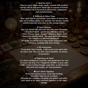 May include: A document with text about a white magic spell, including options for intensity and a guarantee. The text mentions protection, alignment, and manifestation. The image includes a candle, a crystal ball, and other mystical items.