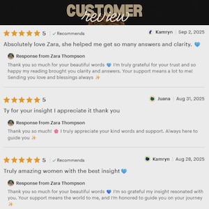 May include: A customer review image with the text "CUSTOMER review" at the top. The reviews are from Kamryn, Juana, and Kamryn, all with 5-star ratings. Zara Thompson responds to each review.