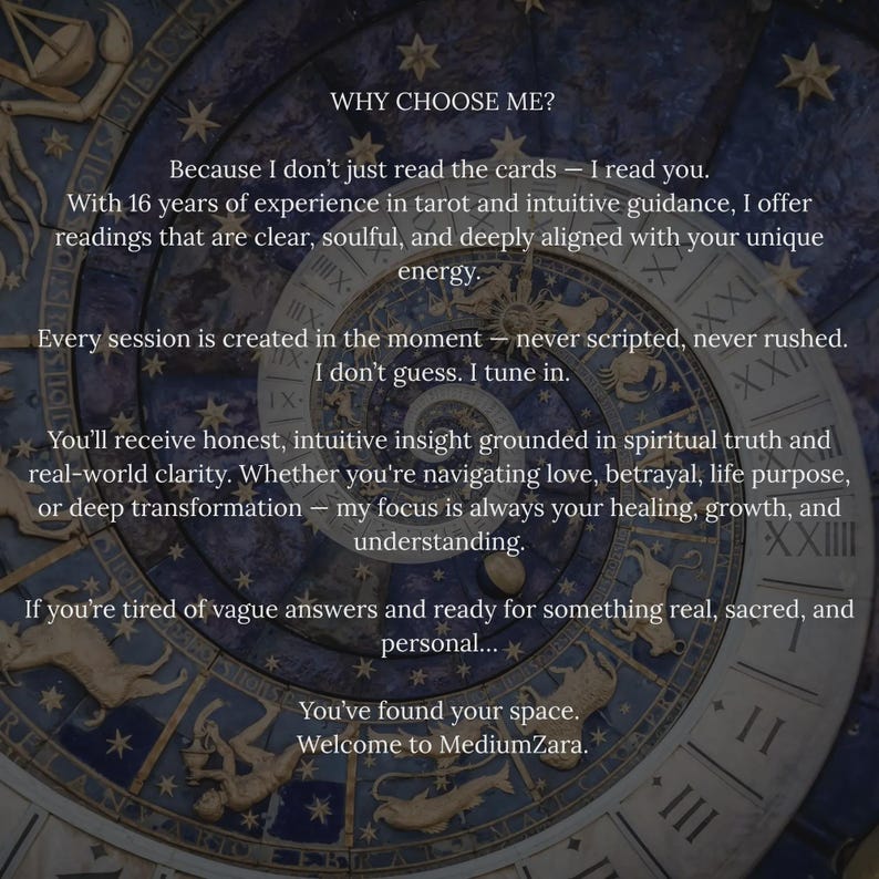 May include: A digital graphic with the text "WHY CHOOSE ME?" and information about tarot readings. The background features a spiral design with astrological symbols and stars. The text describes the reader's experience and approach.