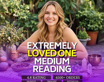 Può includere: Un grafico digitale con il testo EXTREMELY LOVED ONE MEDIUM READING, 4.8 RATING, 4500+ ORDERS, HONEST, PRIVATE, DETAILED. Lo sfondo mostra una persona con capelli biondi dietro un tavolo con una candela, fiori e cristalli.