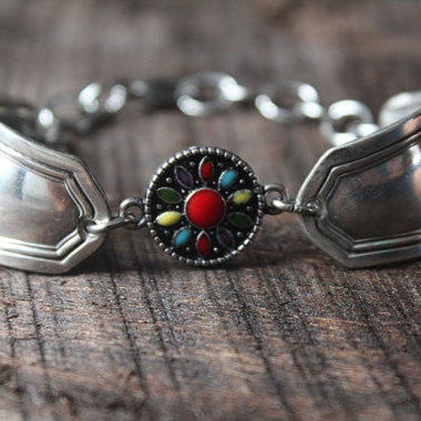 Fantastic Antique Spoon Bracelet WIth Colorful Starburst Charm - Adjustable - FREE SHIPPING