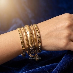 Geometric Gold Plated Brass Bangle Set | Minimalist Textured Stackable Bangles for Women | Ethnic Casual High Polish Metallic Bracelet Set