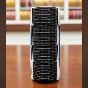 May include: A collection of black bangles presented in a white and silver holder. The bangles are stacked in a cylindrical form. The background shows shelves with colourful ribbon spools. The text "zainabsilvercrafts" is visible.