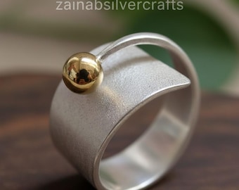 Minimalist Wide Band Silver Ring, Two-Tone Sterling Silver Statement Ring, Brushed Texture, Modern Gold Sphere Accent, Unique Jewelry