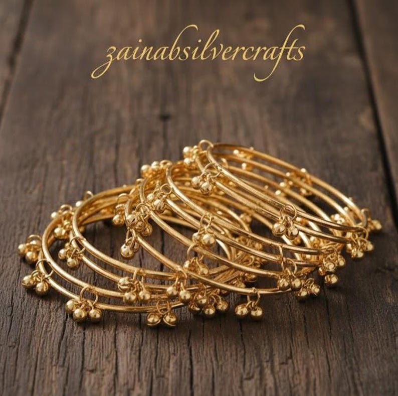 Gold Plated Ghungroo Bangles • Set of 8 Minimalist Dangle Bead Kadas ...